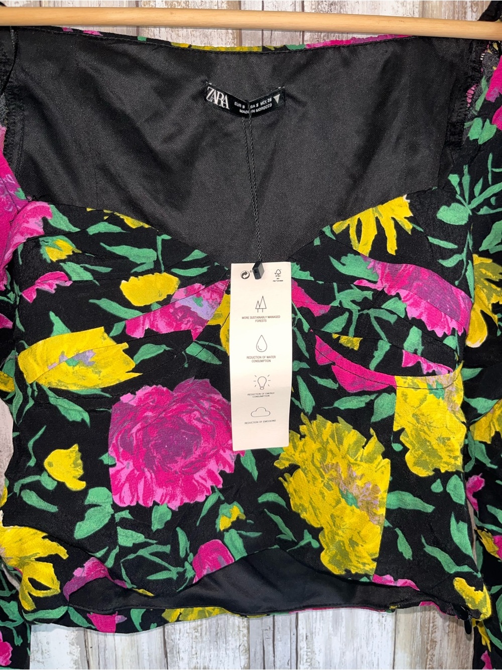 Zara Floral Ruched Sweetheart Neck Long Sleeve Crop Top Black M NWT - Picture 7 of 7